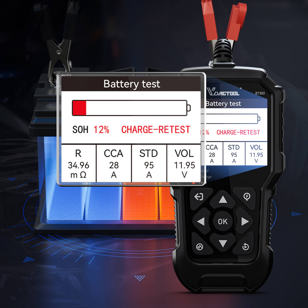 VDIAGTOOL BT300 6V/12V Battery Tester โ Load, Cranking, Charging System Analyzer for Cars, Trucks, Motorcycles, Boats & More | 5-3000 CCA Support - ACARTOOL