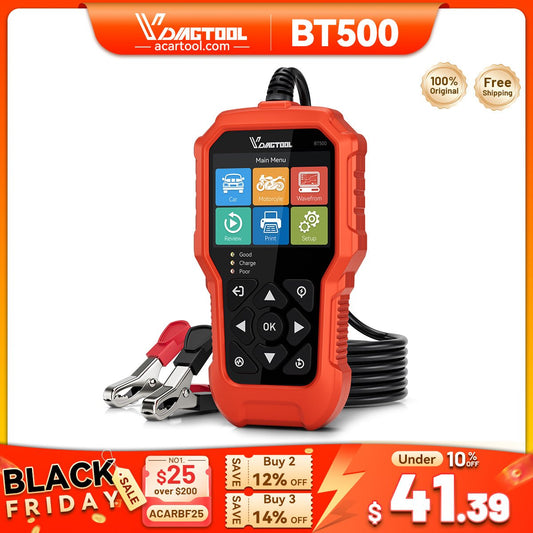 VDIAGTOOL BT500 Battery Tester – 6V/12V/24V | 5 - 3000 CCA Load & Charging System Analyzer for Car, Truck, Motorcycle, Boat, SUV, ATV - Battery Tester