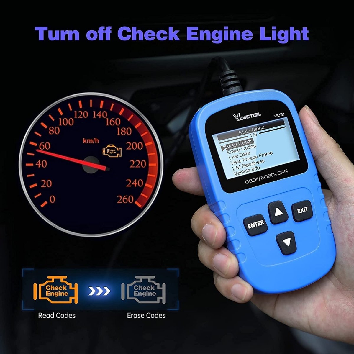 VDIAGTOOL VD10 OBD2 Scanner – Code Reader for Check Engine Light, Live Data, I/M Readiness, Plug & Play Diagnostic Tool - ACARTOOL
