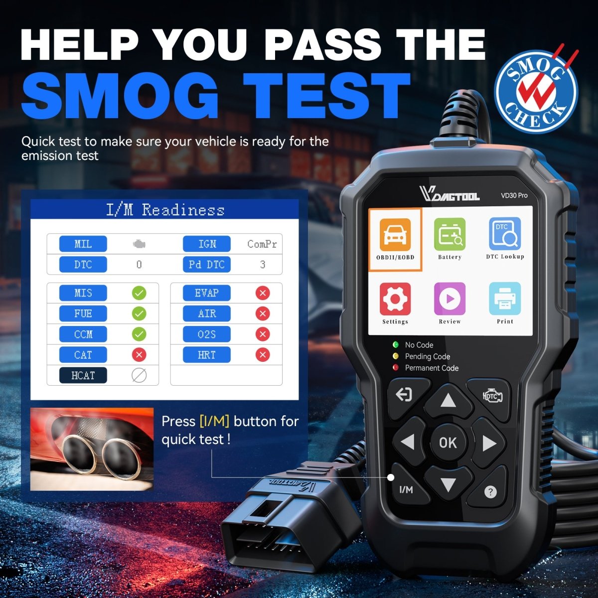 VDIAGTOOL VD30 Pro OBD2 Code Reader with smog test