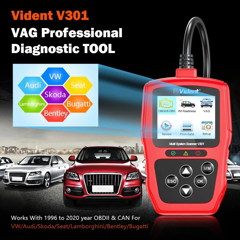 Vident V301 OBD2 Scanner – Full System Diagnostic Tool for VW/Audi/Skoda/SEAT & More (8 Reset Functions).