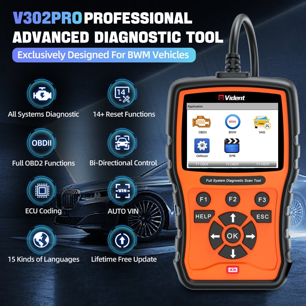 Vident V302 PRO Bi-Directional Full System Diagnostic Scanner for BMW – OBD2 Tool with Service Reset, Active Tests, and Lifetime Free Updates.