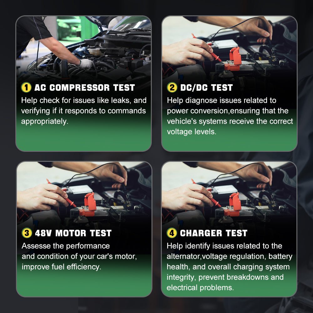 The XTOOL D9EV performs four essential tests—AC compressor, DC/DC conversion, 48V motor, and charger system—to diagnose and ensure optimal performance of key electric and fuel vehicle components.