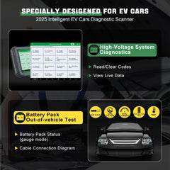 XTOOL D9EV offers high-voltage diagnostics and out-of-vehicle battery pack testing with live data and cable diagrams.