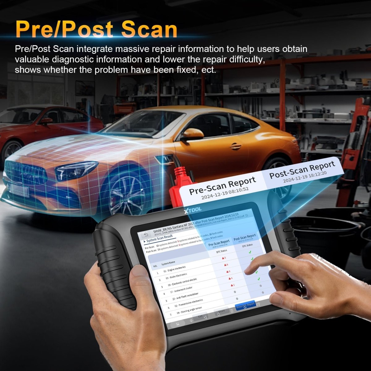 The X100 PAD3 V2.0's Pre/Post Scan incorporates vast repair data, aiding users in obtaining valuable diagnostic insights and easing repair complexity. It also shows the problem's status