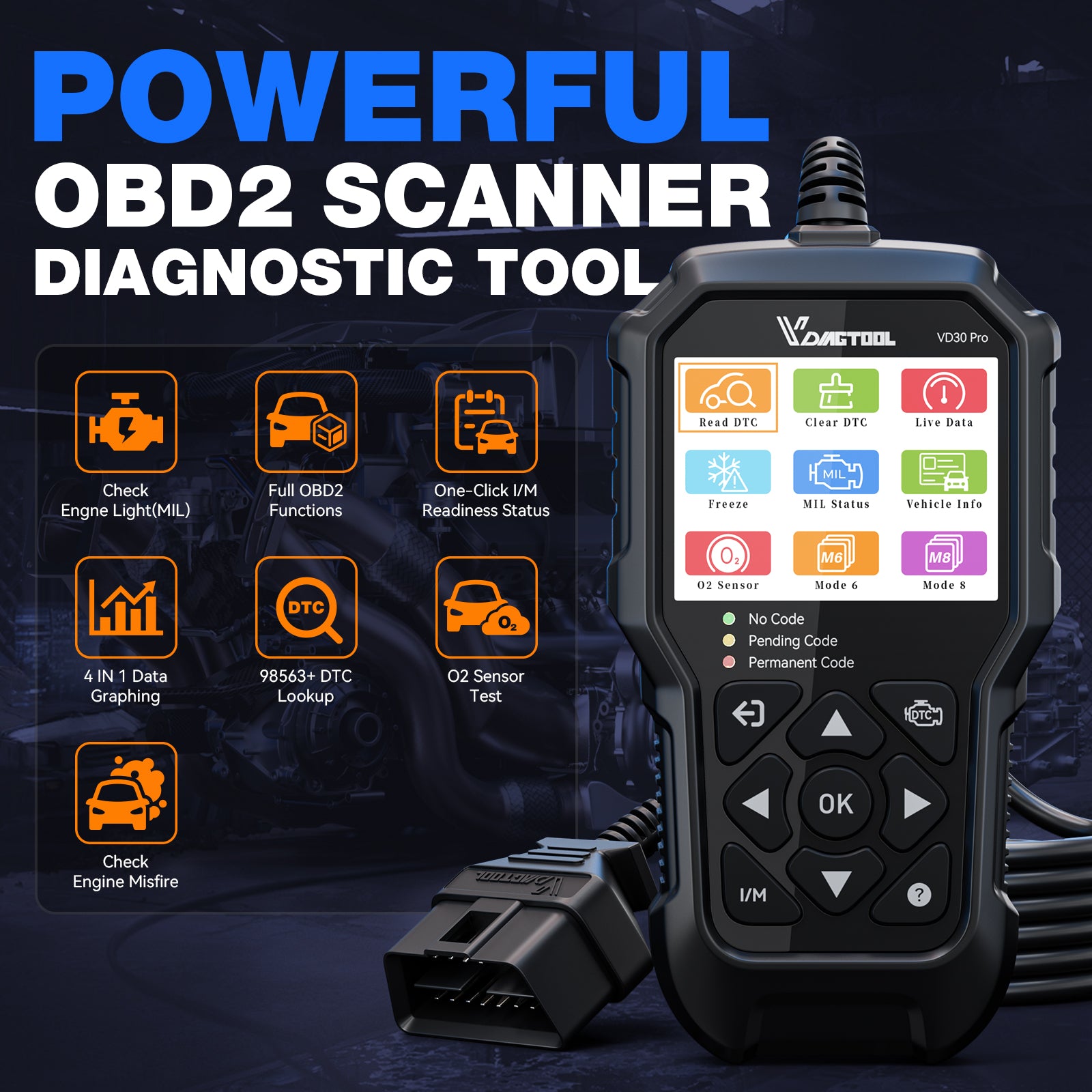2025 VDIAGTOOL VD30 Pro OBD2 Scanner – All-in-One Code Reader with Live Data, Battery Test, and CEL Reset