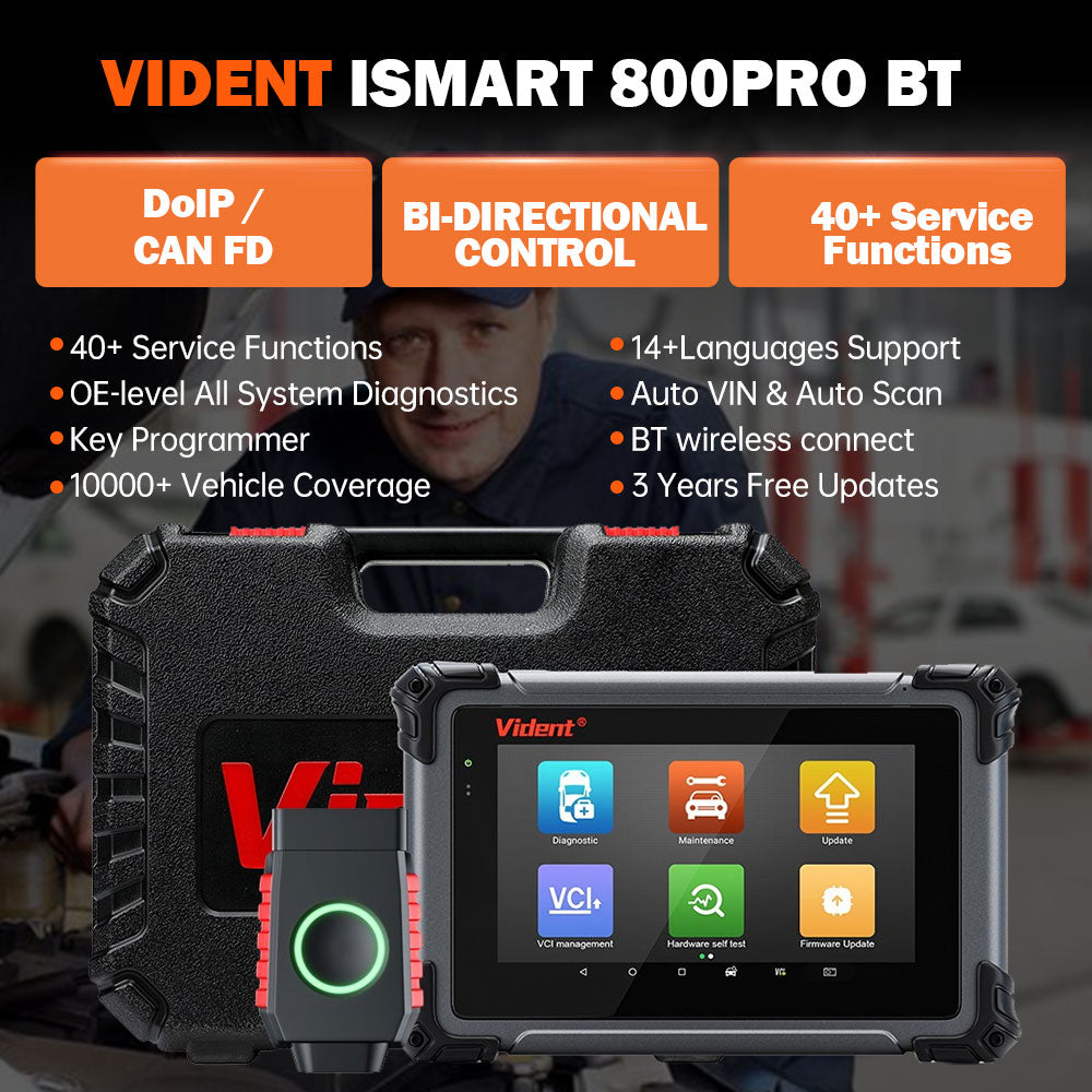 VIDENT iSmart800Pro BT Bluetooth OBD2 Scanner – 40+ Reset Functions, IMMO Key Programming, Bi-Directional Control, CAN FD & DoIP Support - ACARTOOL