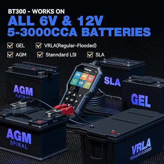 VDIAGTOOL BT300 6V/12V Battery Tester – Load, Cranking, Charging System Analyzer for Cars, Trucks, Motorcycles, Boats & More | 5-3000 CCA Support - ACARTOOL