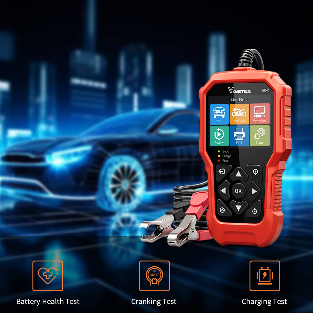 VDIAGTOOL BT500 Battery Tester – 6V/12V/24V | 5-3000 CCA Load & Charging System Analyzer for Car, Truck, Motorcycle, Boat, SUV, ATV - ACARTOOL