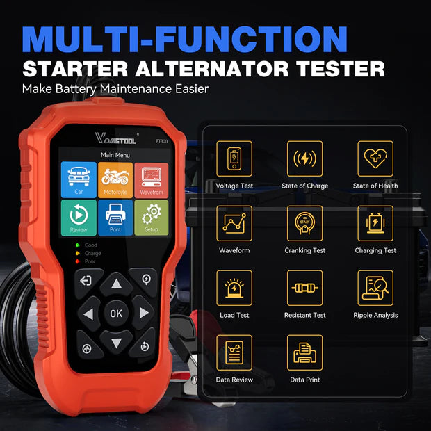 VDIAGTOOL BT500 Battery Tester – 6V/12V/24V | 5-3000 CCA Load & Charging System Analyzer for Car, Truck, Motorcycle, Boat, SUV, ATV - ACARTOOL