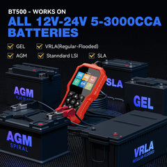 VDIAGTOOL BT500 Battery Tester – 6V/12V/24V | 5-3000 CCA Load & Charging System Analyzer for Car, Truck, Motorcycle, Boat, SUV, ATV - ACARTOOL