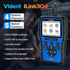 Vident iLink304 4-System OBD2 Scanner with Oil Reset, EPB, Throttle Relearn, SAS, BMS, Full OBDII Functions – Lifetime Free Updates.