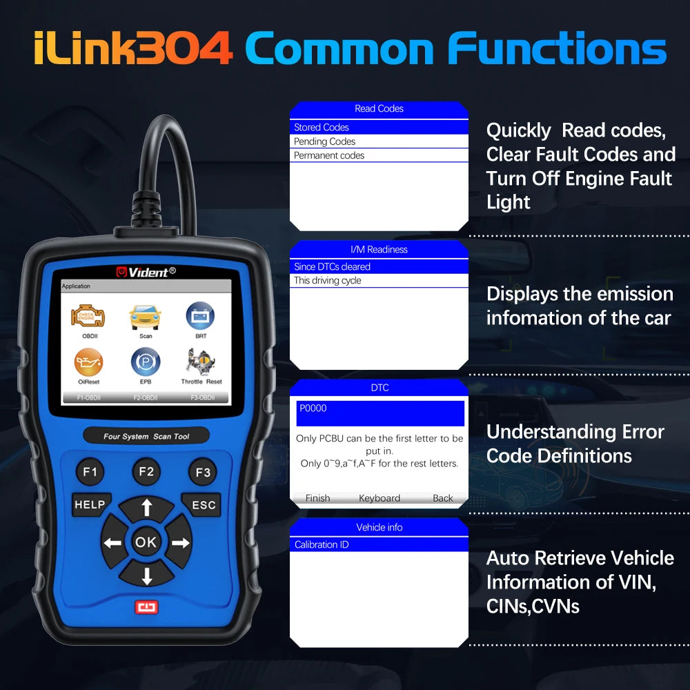 Vident iLink304 4-System OBD2 Scanner with Oil Reset, EPB, Throttle Relearn, SAS, BMS, Full OBDII Functions – Lifetime Free Updates.