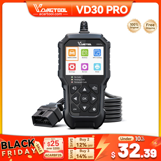 VDIAGTOOL VD30 Pro OBD2 Scanner 2025 – All-in-One Code Reader with Live Data, Battery Test, and CEL Reset