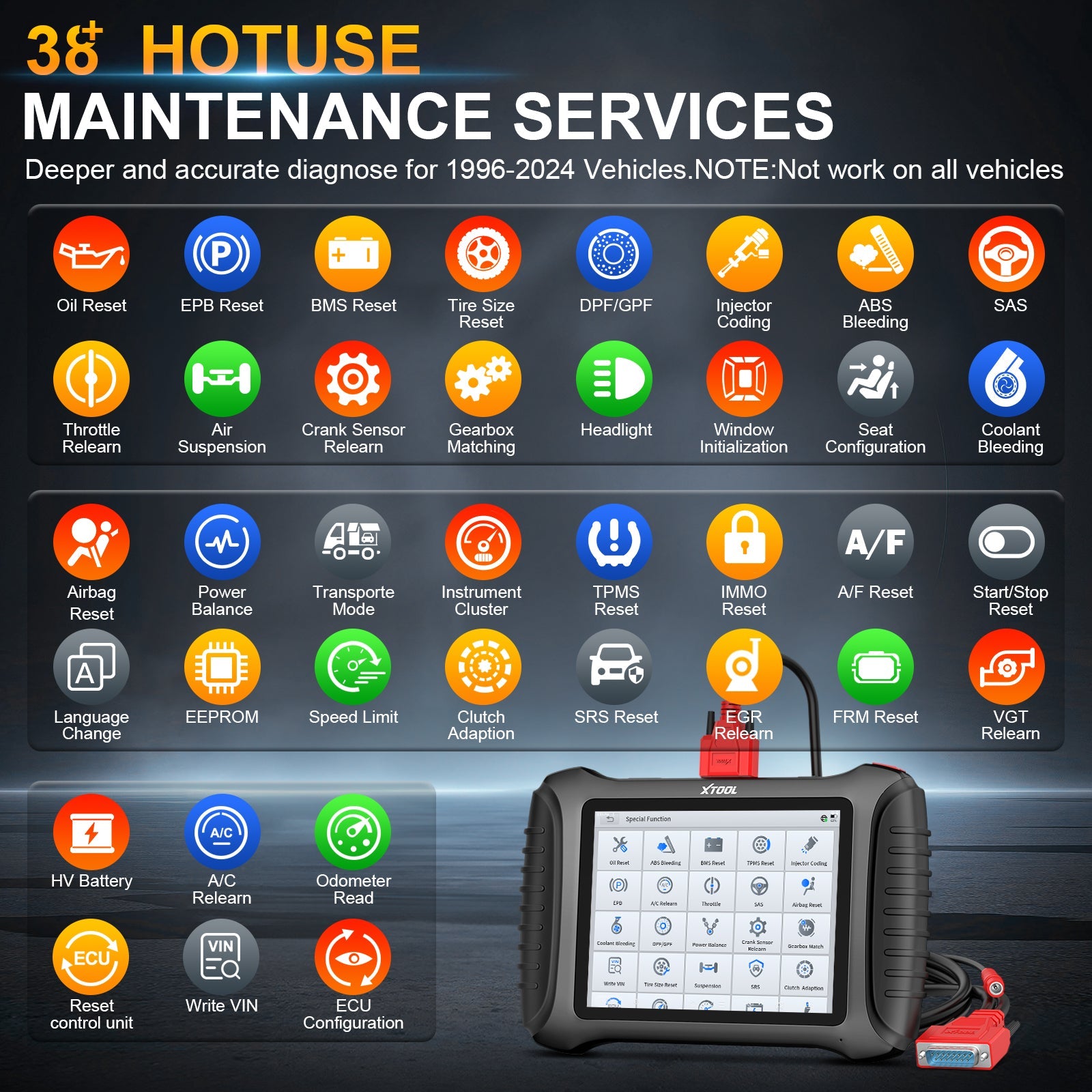 he X100 PAD3 V2.0 provides 38 hotuse maintenance services. It can offer deeper and accurate diagnoses for vehicles made between 1996 and 2024. However, it does not work on all vehicles
