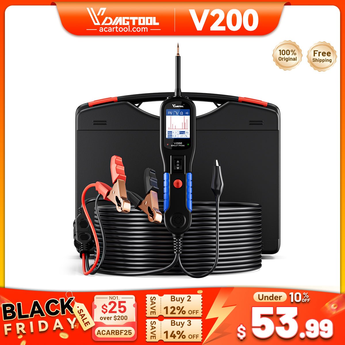 VDIAGTOOL V200 Power Circuit Probe Kit – Automotive Circuit Tester for 12V/24V Vehicles, AC/DC Voltage, Resistance, Diode, Relay &amp; Fuse Test, 40FT Cable - Automotive Circuit Tester