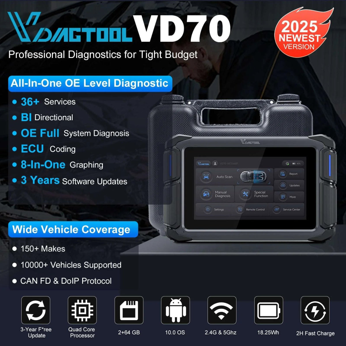 VDIAGTOOL VD70 Bi - Directional Scanner – ECU Coding, 36+ Reset Services, CAN FD & DoIP, Full System Diagnostics, 3 Years Free Updates - Car Diagnostic Tool