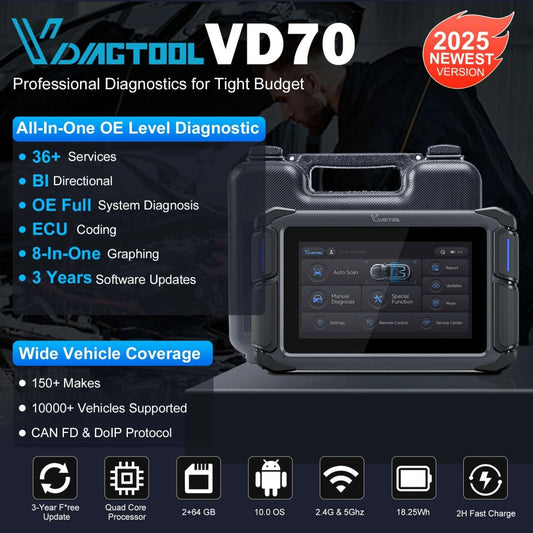 VDIAGTOOL VD70 Bi - Directional Scanner – ECU Coding, 36+ Reset Services, CAN FD & DoIP, Full System Diagnostics, 3 Years Free Updates - Car Diagnostic Tool